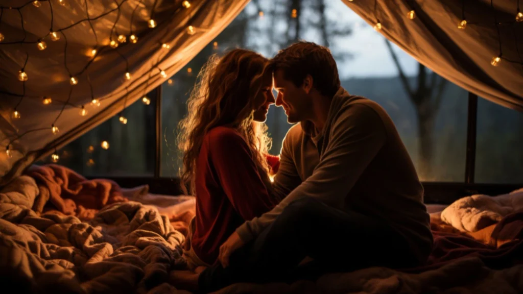 A couple embracing each other enjoying in winter nights