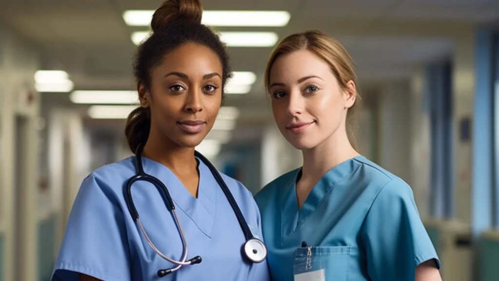 A group of two junior doctors in a jolly mood wearing scrubs