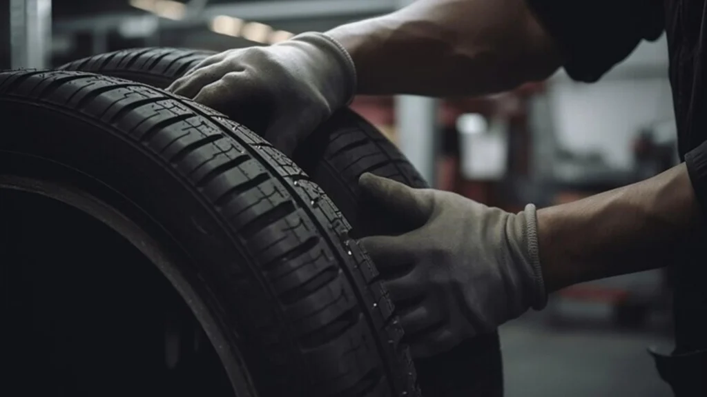 A mechanic polisihing tires to renew car's appearance 